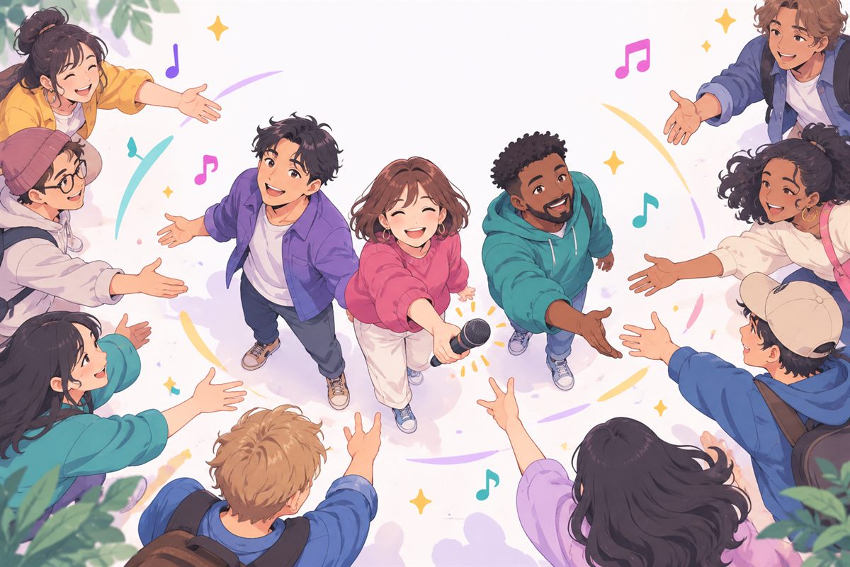 マイクを渡しながら、仲間の輪が広がっていくイラスト